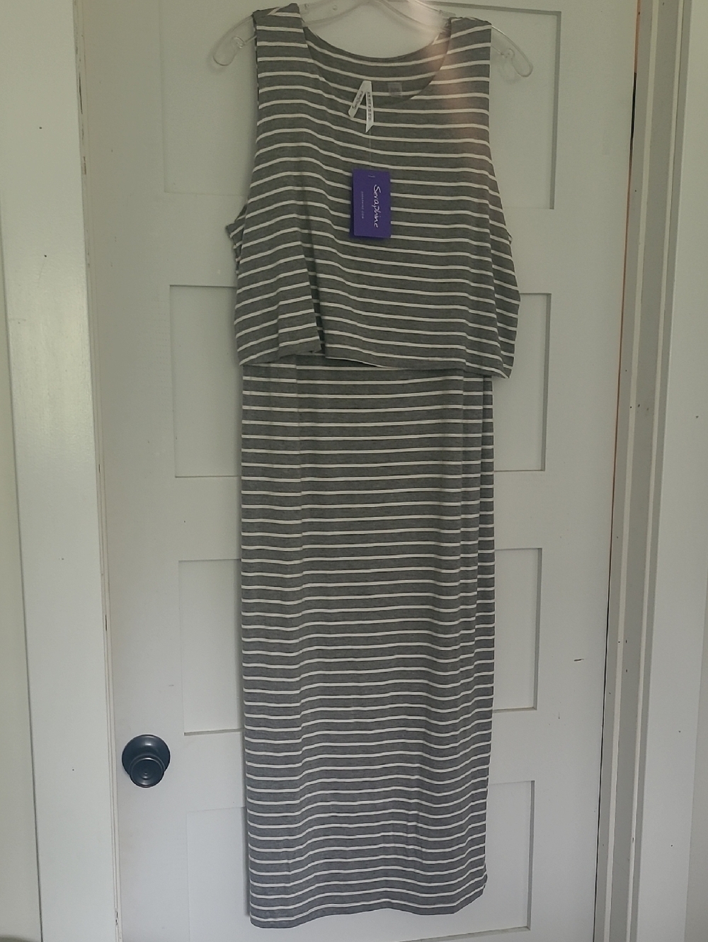 Seraphine Sleeveless Gray & White Striped Maxi Dress - Maternity/ Nursing Style
